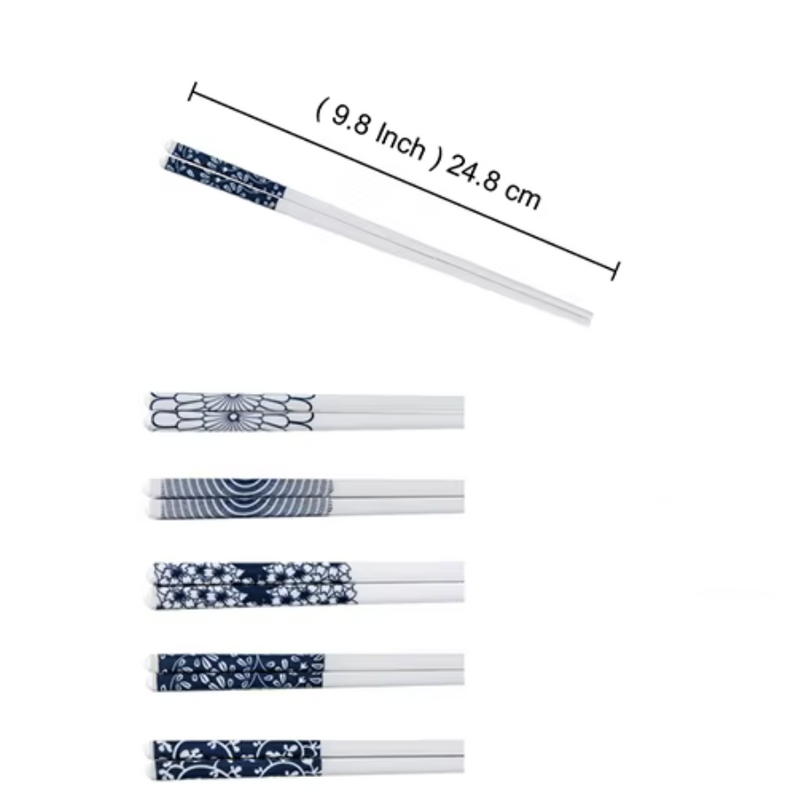 Ceramic - Chopsticks Set of 5 Pairs - Japanese Style - Reusable Blue& White