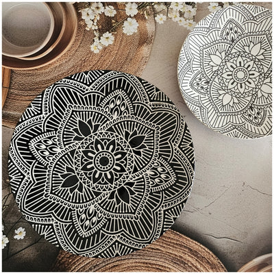 Ceramic - Round Dinner & Quarter Plate - Platter Set S2 - Embossed Mandala Ebony & Ivory
