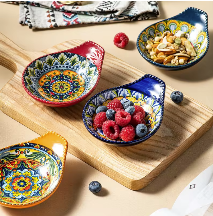 Ceramic - Single Serve Dish - Oval Handle Set of 4 - Moroccan