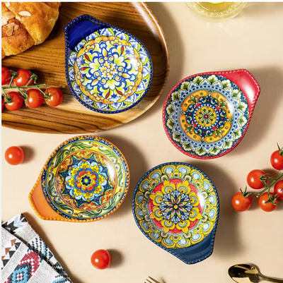 Ceramic - Single Serve Dish - Oval Handle Set of 4 - Moroccan