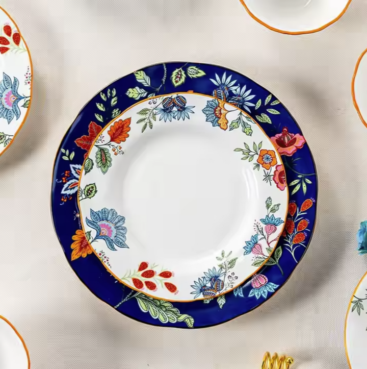 Ceramic - 8 &amp; 10 Inch - Round Deep &amp; Dinner Plate - Oxford Blue &amp; White Set of 2