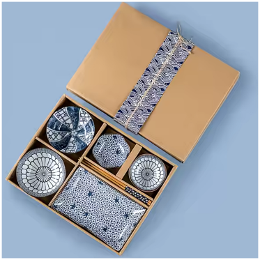 Ceramic - 1 Platter + 2 Bowls + 2 Dip Bowls + 2 Pairs Chopsticks - Gift Box Set - Japanese Floral Blue