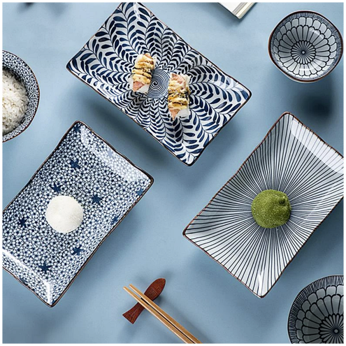 Ceramic - 1 Platter + 2 Bowls + 2 Dip Bowls + 2 Pairs Chopsticks - Gift Box Set - Japanese Floral Blue