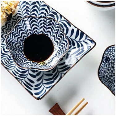 Ceramic - 1 Platter + 2 Bowls + 2 Dip Bowls + 2 Pairs Chopsticks - Gift Box Set - Japanese Floral Blue