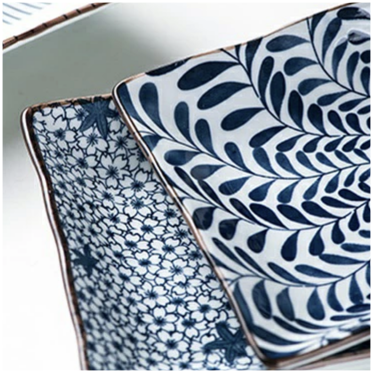 Ceramic - 1 Platter + 2 Bowls + 2 Dip Bowls + 2 Pairs Chopsticks - Gift Box Set - Japanese Floral Blue