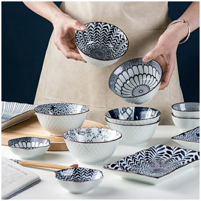 Ceramic - 1 Platter + 2 Bowls + 2 Dip Bowls + 2 Pairs Chopsticks - Gift Box Set - Japanese Floral Blue