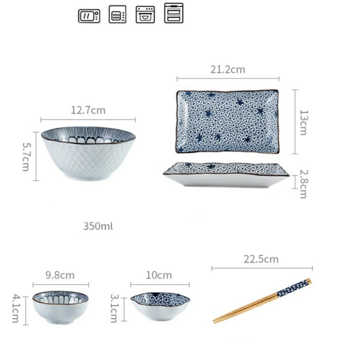 Ceramic - 1 Platter + 2 Bowls + 2 Dip Bowls + 2 Pairs Chopsticks - Gift Box Set - Japanese Floral Blue