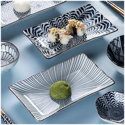 Ceramic - 1 Platter + 2 Bowls + 2 Dip Bowls + 2 Pairs Chopsticks - Gift Box Set - Japanese Floral Blue