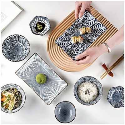 Ceramic - 1 Platter + 2 Bowls + 2 Dip Bowls + 2 Pairs Chopsticks - Gift Box Set - Japanese Floral Blue
