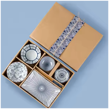 Ceramic - 1 Platter + 2 Bowls + 2 Dip Bowls + 2 Pairs Chopsticks - Gift Box Set - Japanese Vintage Blue