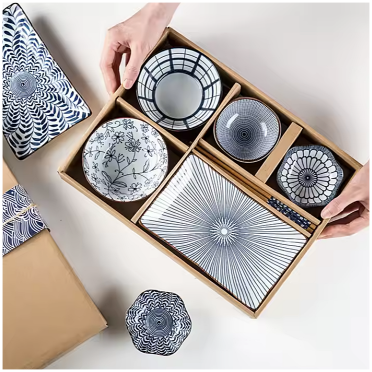 Ceramic - 1 Platter + 2 Bowls + 2 Dip Bowls + 2 Pairs Chopsticks - Gift Box Set - Japanese Vintage Blue