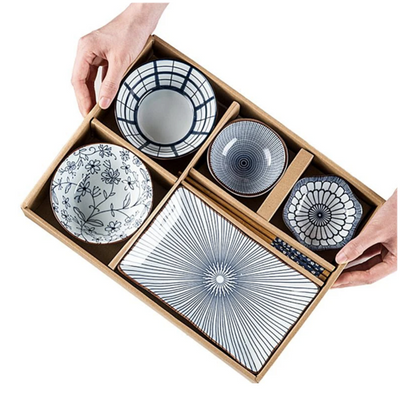 Ceramic - 1 Platter + 2 Bowls + 2 Dip Bowls + 2 Pairs Chopsticks - Gift Box Set - Japanese Vintage Blue