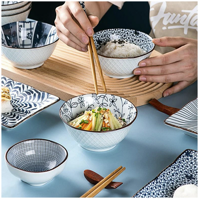 Ceramic - 1 Platter + 2 Bowls + 2 Dip Bowls + 2 Pairs Chopsticks - Gift Box Set - Japanese Vintage Blue