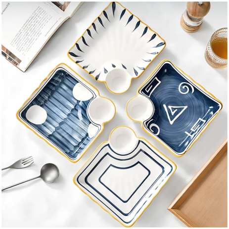 Ceramic - Appetizer/Starter Serving Plate with Soy/Dip Compartment - Square - Set of 2