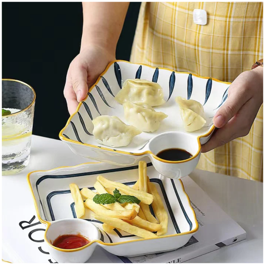 Ceramic - Appetizer/Starter Serving Plate with Soy/Dip Compartment - Square - Set of 2