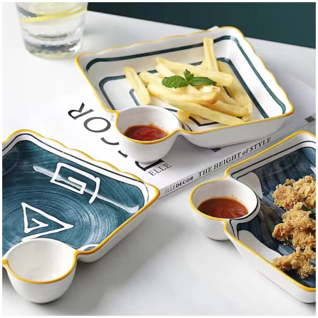 Ceramic - Appetizer/Starter Serving Plate with Soy/Dip Compartment - Square - Set of 2