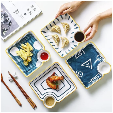 Ceramic - Appetizer/Starter Serving Plate with Soy/Dip Compartment - Square - Set of 2
