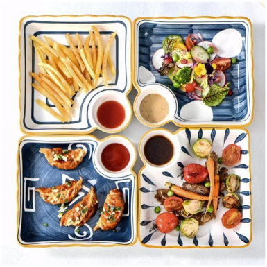Ceramic - Appetizer/Starter Serving Plate with Soy/Dip Compartment - Square - Set of 2