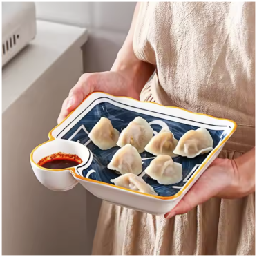 Ceramic - Appetizer/Starter Serving Plate with Soy/Dip Compartment - Square - Set of 2