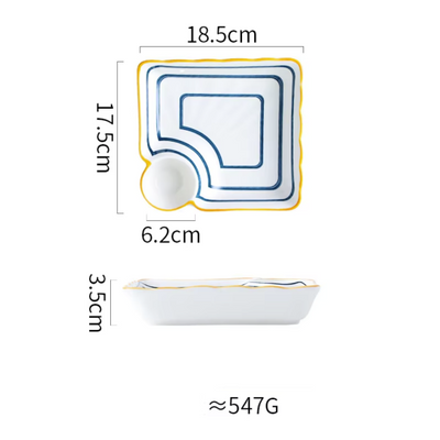 Ceramic - Appetizer/Starter Serving Plate with Soy/Dip Compartment - Square - Set of 2