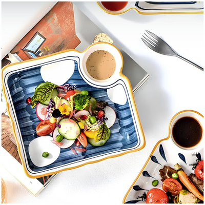 Ceramic - Appetizer/Starter Serving Plate with Soy/Dip Compartment - Square - Set of 2