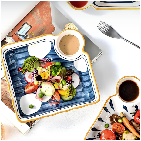 Ceramic - Appetizer/Starter Serving Plate with Soy/Dip Compartment - Square - Set of 2