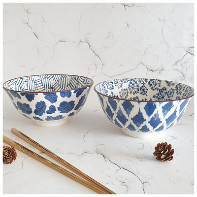 Ceramic - Soup/Rice Bowls - Medium - Box Set of 2 - Imperial Blue Floral & Zigzag