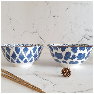 Ceramic - Soup/Rice Bowls - Medium - Box Set of 2 - Imperial Blue Floral & Zigzag