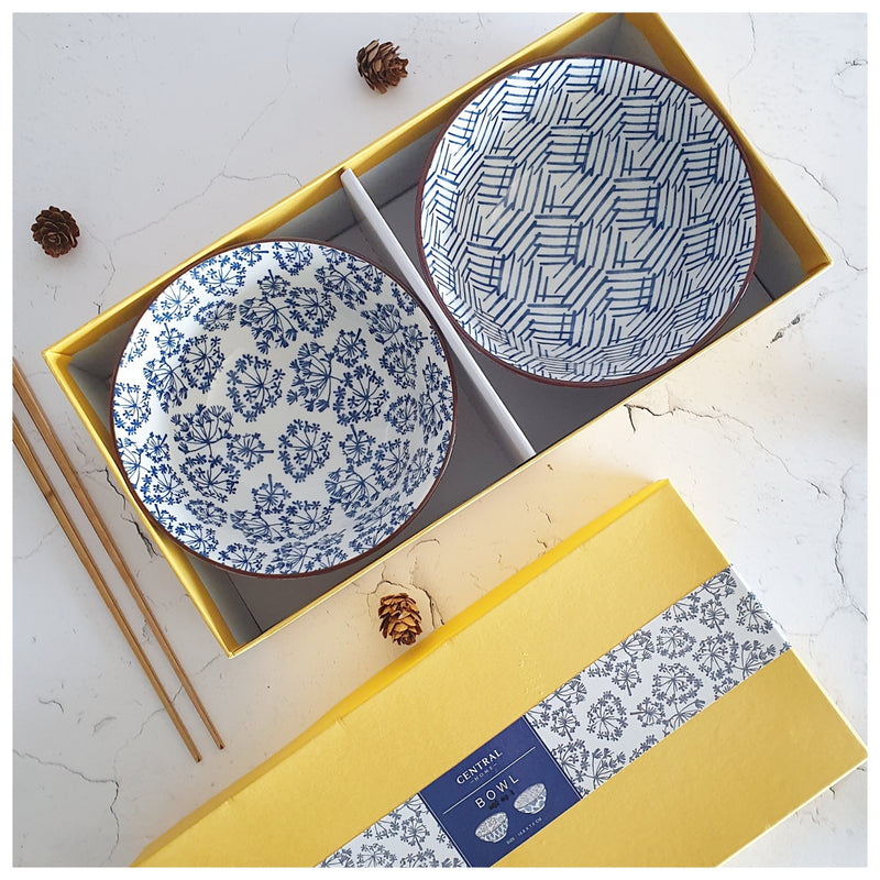 Ceramic - Soup/Rice Bowls - Medium - Box Set of 2 - Imperial Blue Floral & Zigzag