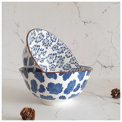 Ceramic - Soup/Rice Bowls - Medium - Box Set of 2 - Imperial Blue Floral & Zigzag