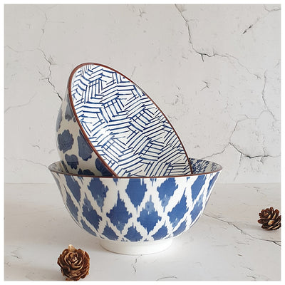 Ceramic - Soup/Rice Bowls - Medium - Box Set of 2 - Imperial Blue Floral & Zigzag