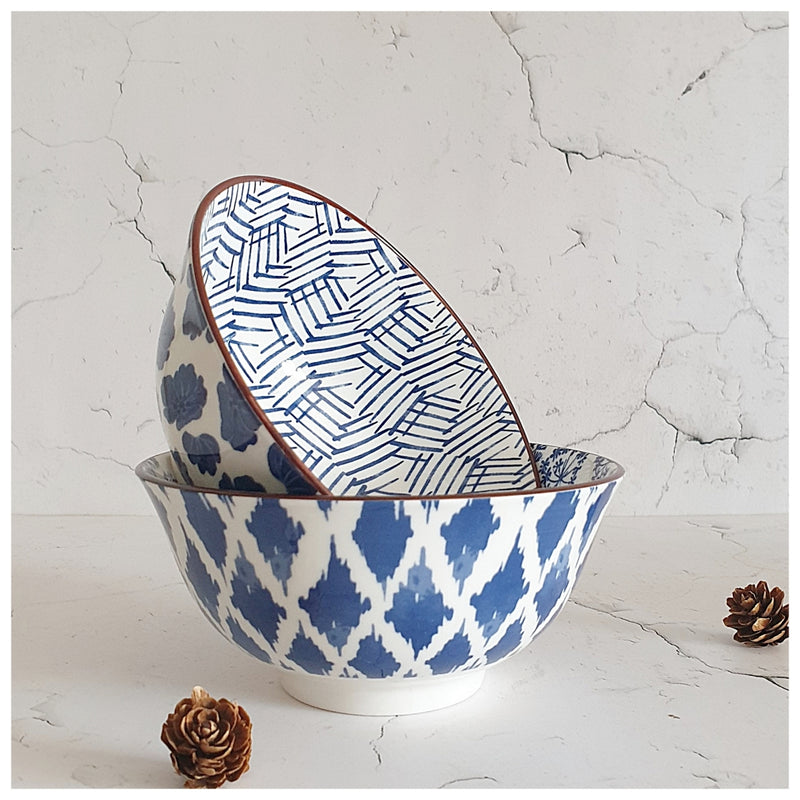 Ceramic - Soup/Rice Bowls - Medium - Box Set of 2 - Imperial Blue Floral & Zigzag