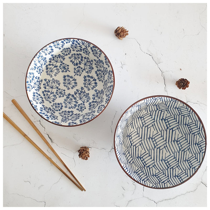 Ceramic - Soup/Rice Bowls - Medium - Box Set of 2 - Imperial Blue Floral & Zigzag