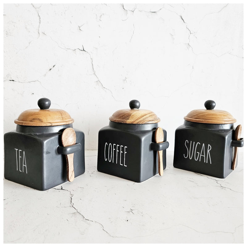 Ceramic - Essentials Set of 3 - Airtight Jars with Wooden Lid - Ebony