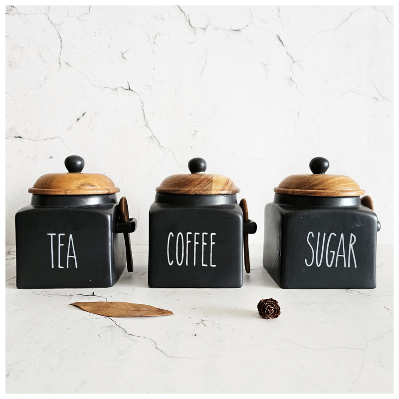 Ceramic - Essentials Set of 3 - Airtight Jars with Wooden Lid - Ebony