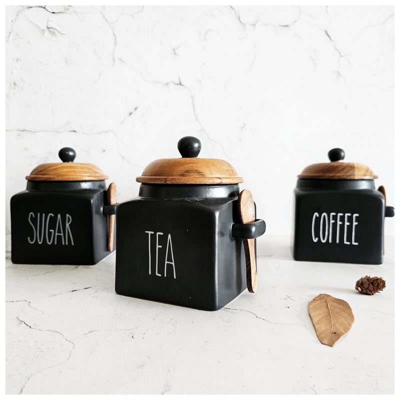 Ceramic - Essentials Set of 3 - Airtight Jars with Wooden Lid - Ebony