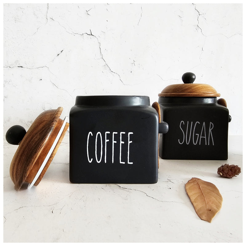 Ceramic - Essentials Set of 3 - Airtight Jars with Wooden Lid - Ebony