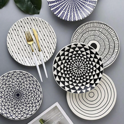 Ceramic - Nordic 8 Inch - Flat Plate - Pasta, Fruit, Salad Plate - Set of 3 - Black (Zebra, Raindrop, Black Eye)