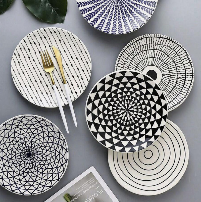 Ceramic - Nordic 8 Inch - Flat Plate - Pasta, Fruit, Salad Plate - Set of 3 - Black (Zebra, Raindrop, Black Eye)