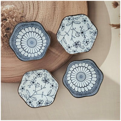 Ceramic - Dip, Soy Dish or Single Serve Dish - Set of 8 (4 Bowls + 4 Saucers) - Vintage Blue Collection