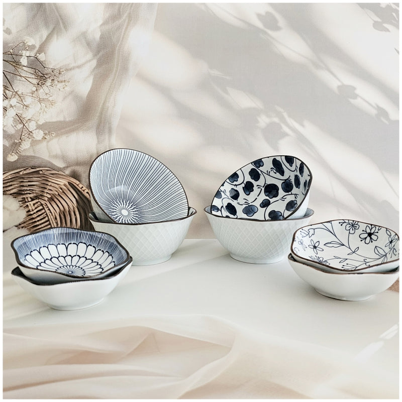 Ceramic Gift Set - Ramen, Soup, Dip, Soy, Single Serve Dish - Set of 8 (4 Bowls + 4 Saucers) - Japanese Floral Blue Collection