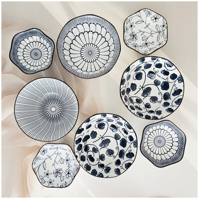 Ceramic Gift Set - Ramen, Soup, Dip, Soy, Single Serve Dish - Set of 8 (4 Bowls + 4 Saucers) - Japanese Floral Blue Collection