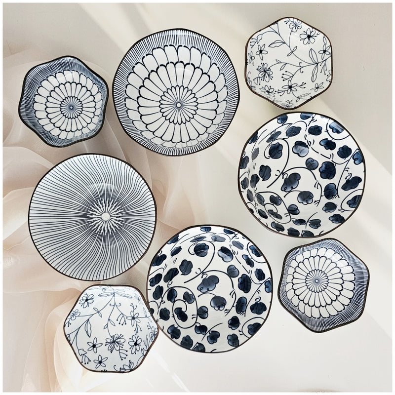 Ceramic Gift Set - Ramen, Soup, Dip, Soy, Single Serve Dish - Set of 8 (4 Bowls + 4 Saucers) - Japanese Floral Blue Collection