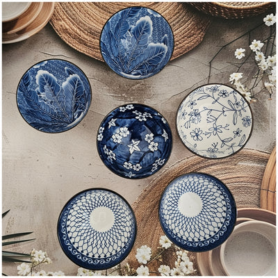 Ceramic - 6 Bowls - Gift Set - Japanese Blue Floral - Rice, Salad, Soup, Fruit Bowl 101