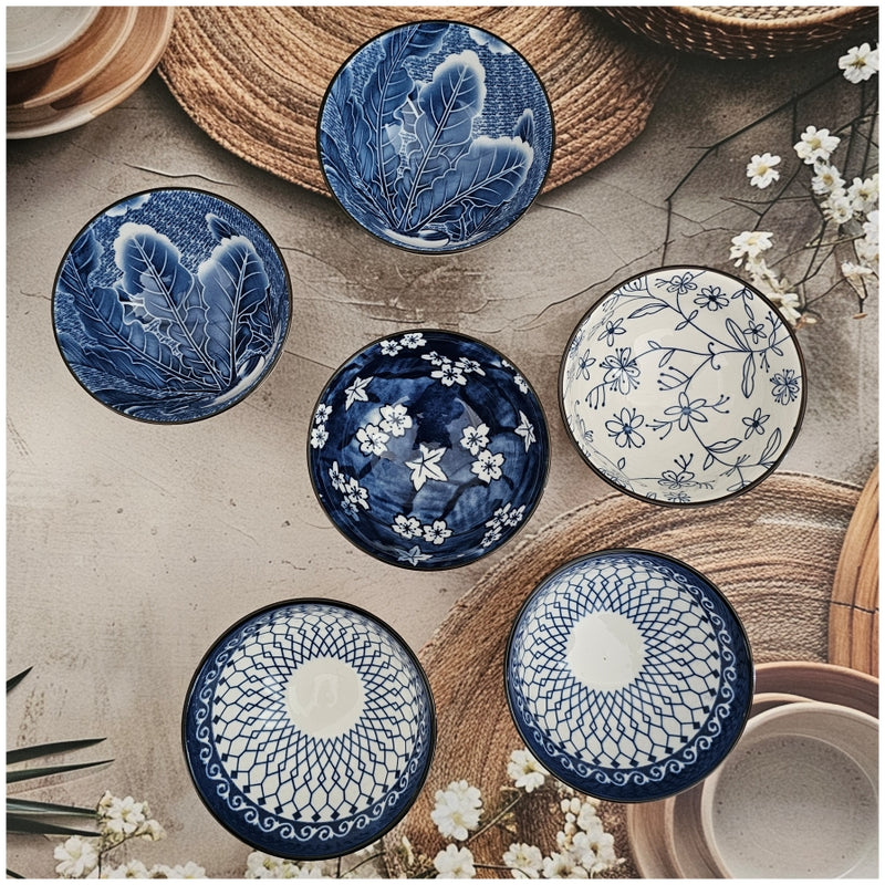 Ceramic - 6 Bowls - Gift Set - Japanese Blue Floral - Rice, Salad, Soup, Fruit Bowl 101