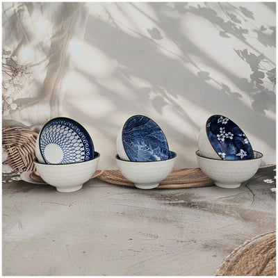 Ceramic - 6 Bowls - Gift Set - Japanese Blue Floral - Rice, Salad, Soup, Fruit Bowl 101