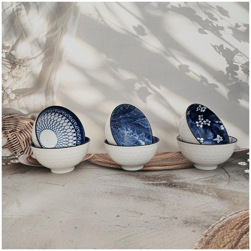 Ceramic - 6 Bowls - Gift Set - Japanese Blue Floral - Rice, Salad, Soup, Fruit Bowl 101