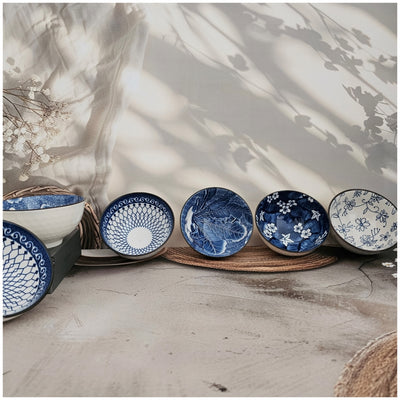 Ceramic - 6 Bowls - Gift Set - Japanese Blue Floral - Rice, Salad, Soup, Fruit Bowl 101