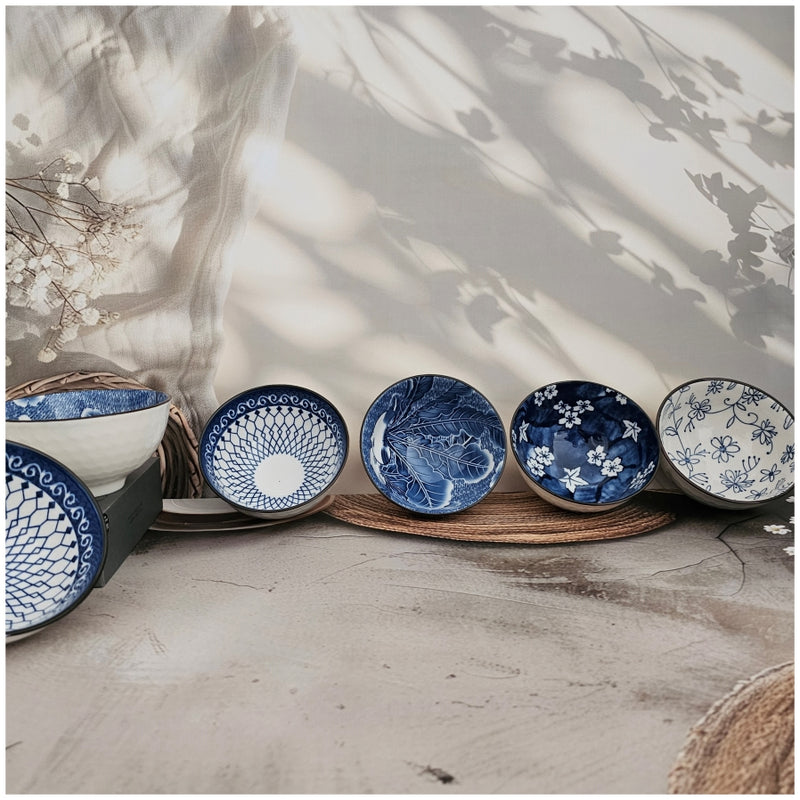 Ceramic - 6 Bowls - Gift Set - Japanese Blue Floral - Rice, Salad, Soup, Fruit Bowl 101