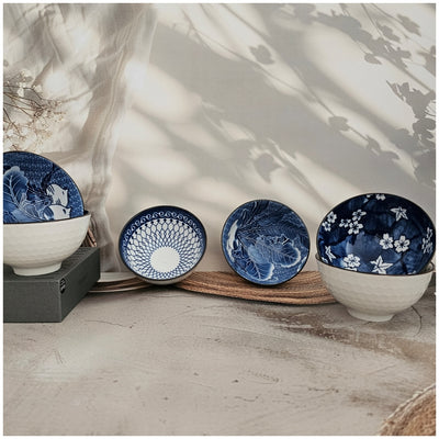 Ceramic - 6 Bowls - Gift Set - Japanese Blue Floral - Rice, Salad, Soup, Fruit Bowl 101